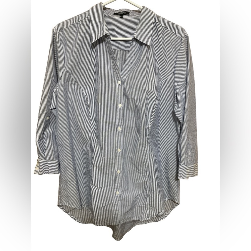 Renuar Women’s XL Navy and White Striped Tailored Shirt with Roll Tab Sleeves